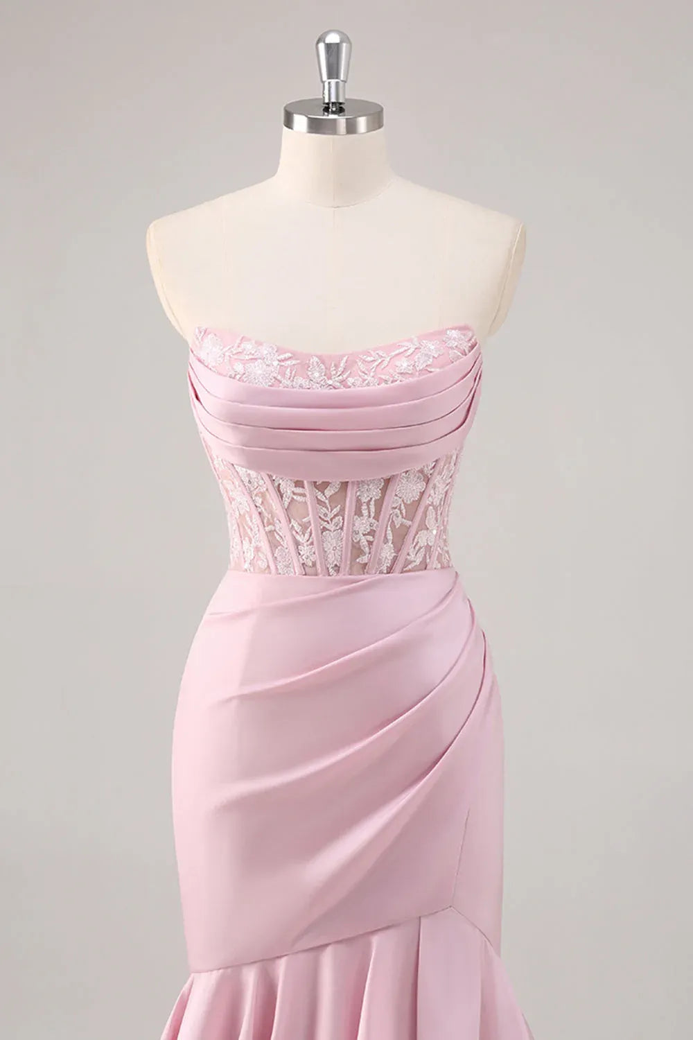 Mermaid Strapless Corset Tiered Ruffle Blush Maxi Prom Dress