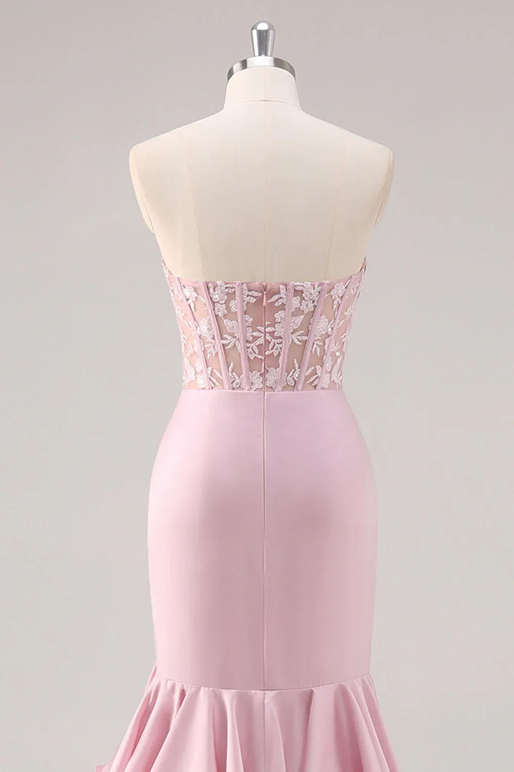 Mermaid Strapless Corset Tiered Ruffle Blush Maxi Prom Dress