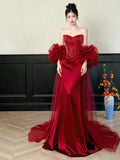 Red Mermaid Strapless Detachable Puff Sleeve Maxi Prom Dress