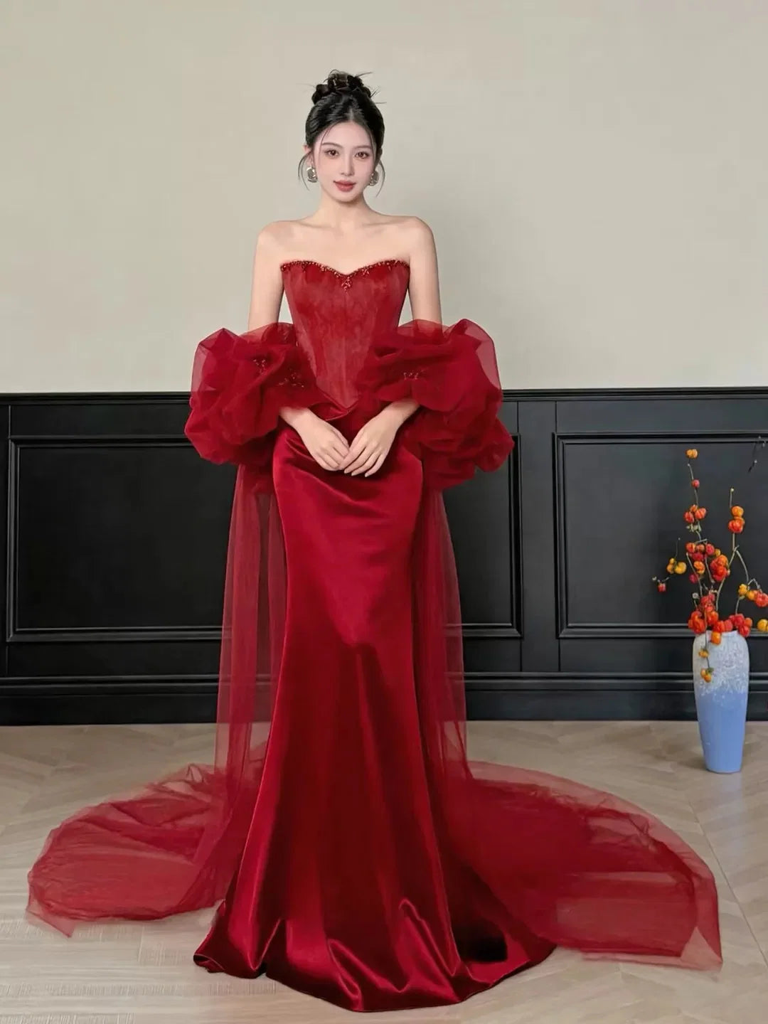 Red Mermaid Strapless Detachable Puff Sleeve Maxi Prom Dress