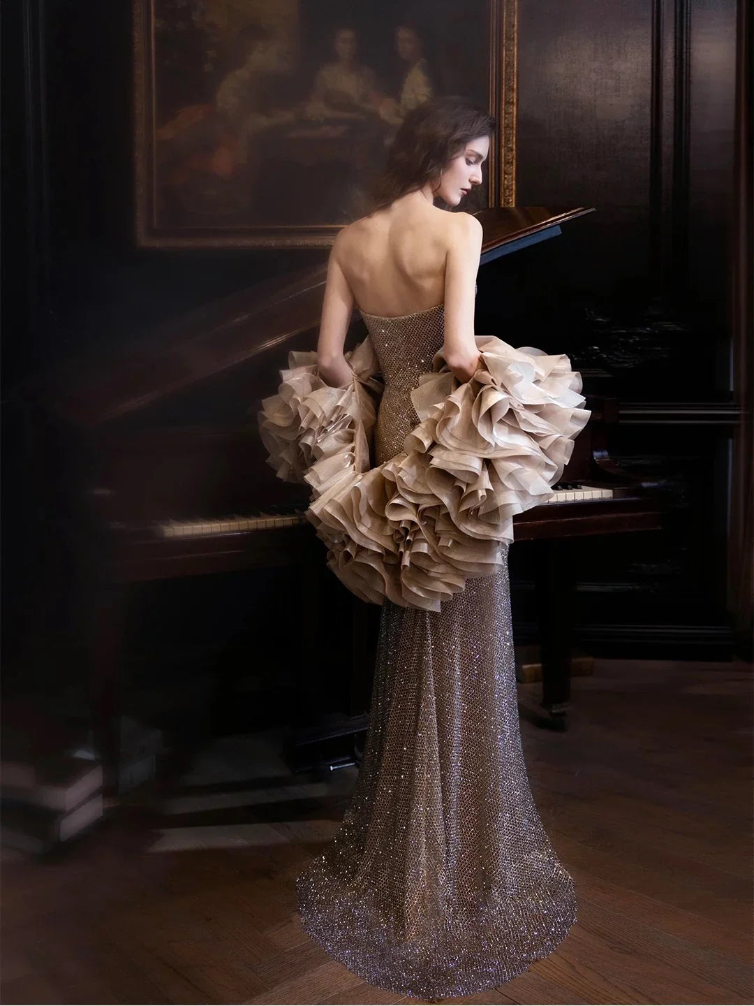 Mermaid Strapless Detachable Ruffle Champagne Maxi Prom Dress