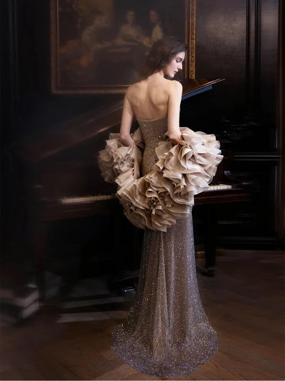 Glamorous Red Ruffled Mermaid Strapless Classic-Sleeve Classic-Back Floor-Length Prom Dress