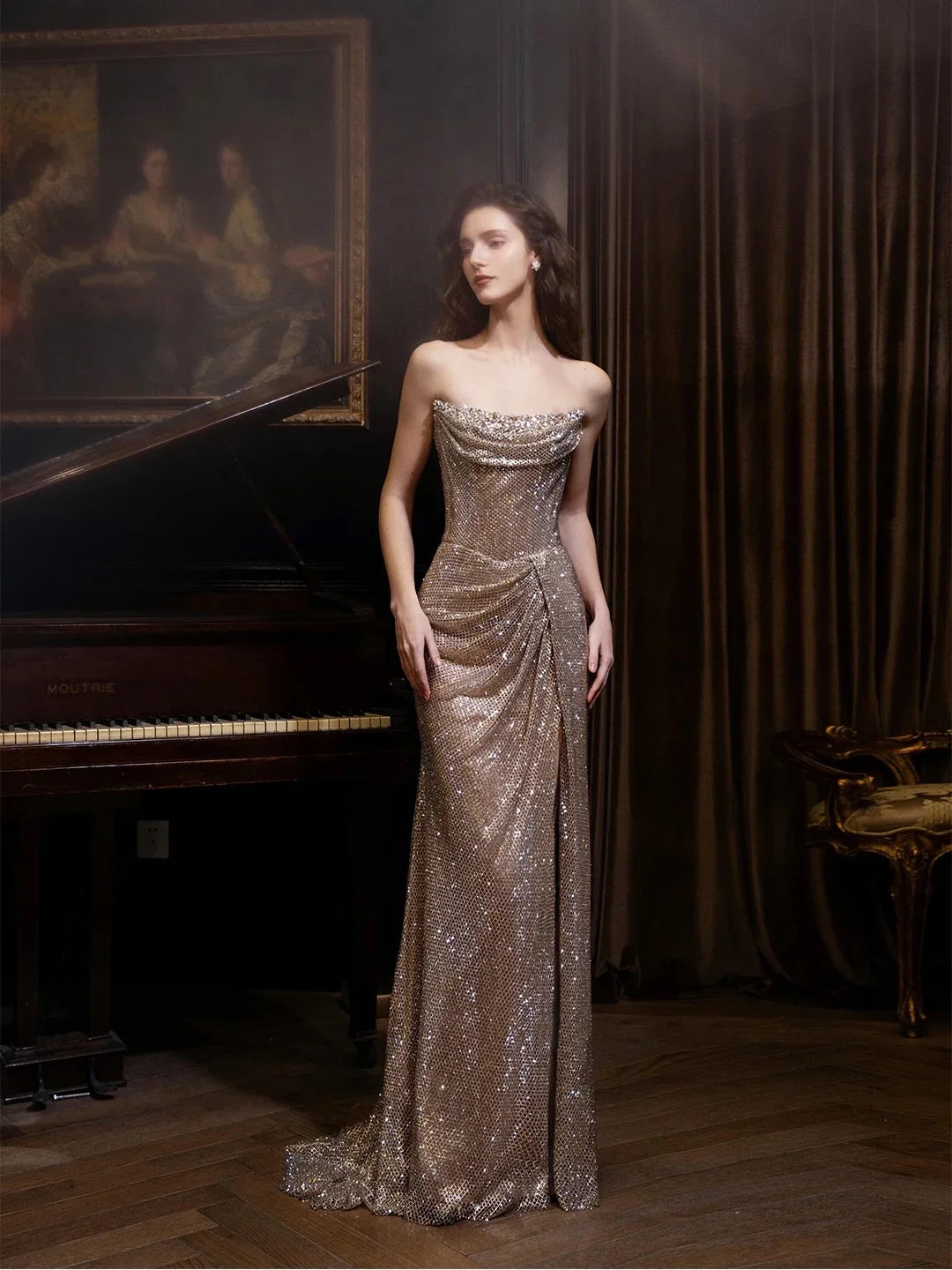 Mermaid Strapless Detachable Ruffle Champagne Maxi Prom Dress