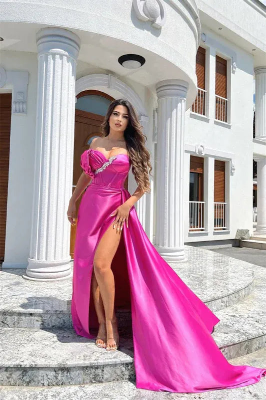 Mermaid Strapless Floral Beaded Fuchsia Floor-Length Prom Dresses