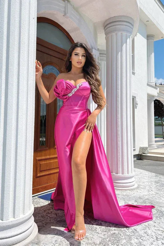 Mermaid Strapless Floral Beaded Fuchsia Floor-Length Prom Dresses