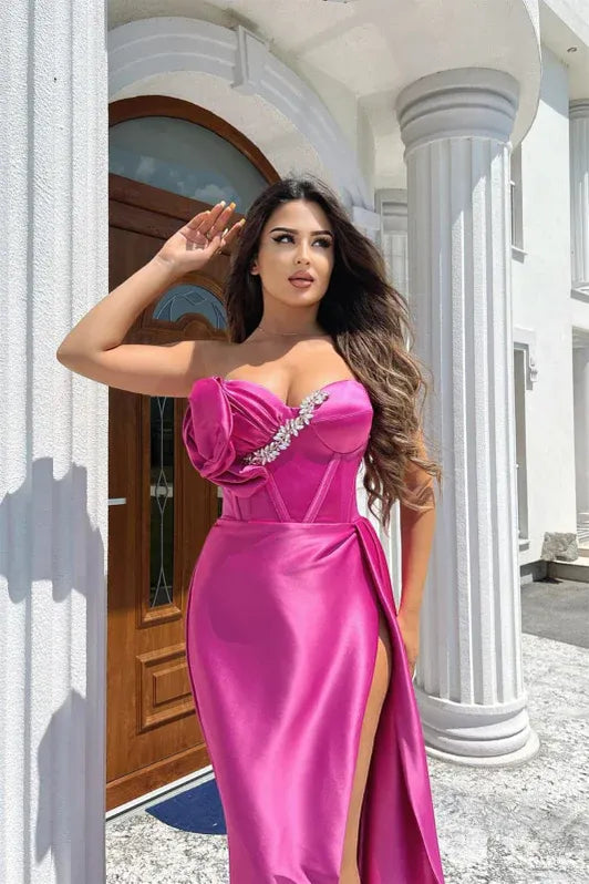 Mermaid Strapless Floral Beaded Fuchsia Floor-Length Prom Dresses