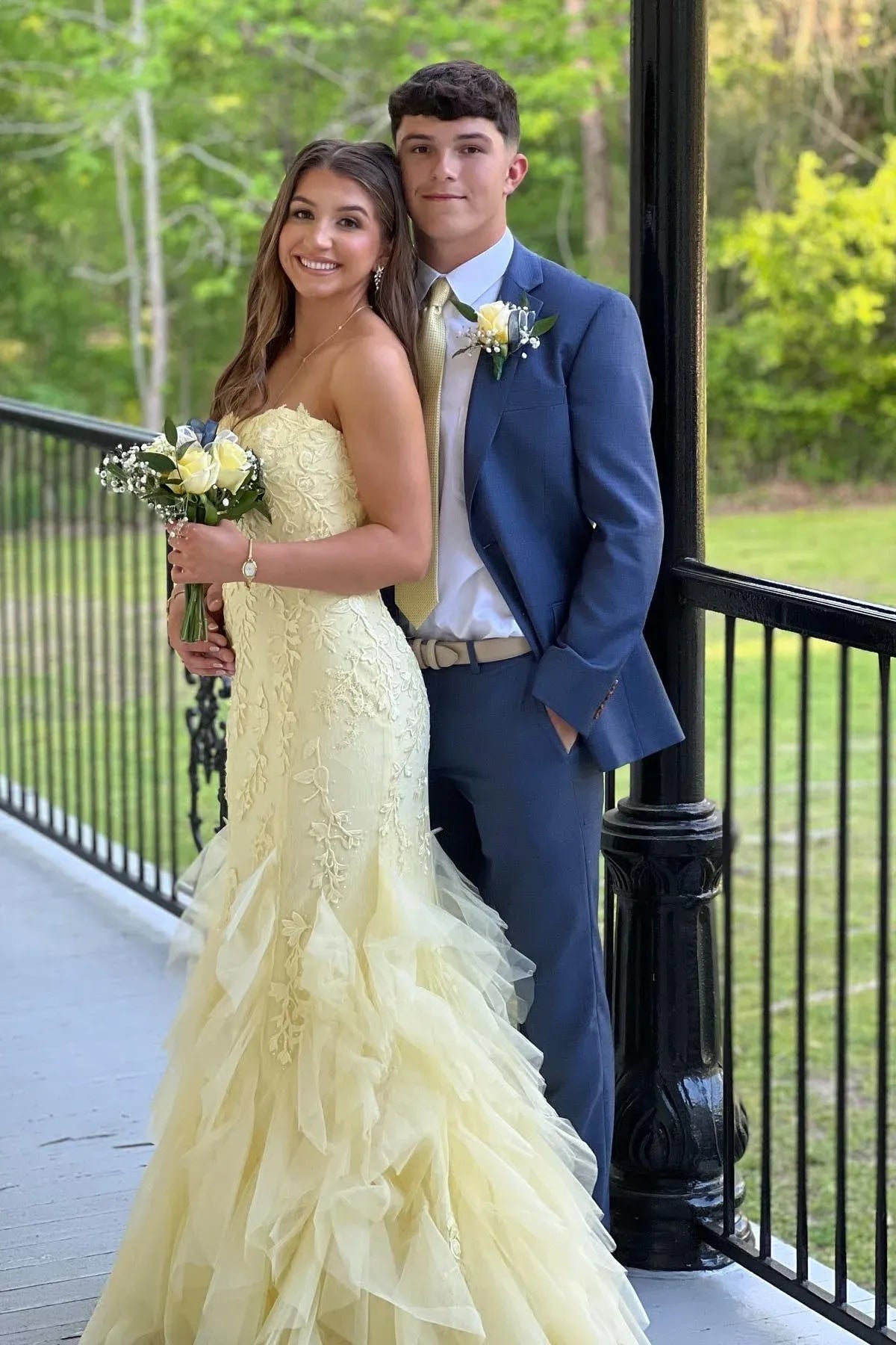 Yellow Mermaid Strapless Appliques Ruffles Long Prom Dress