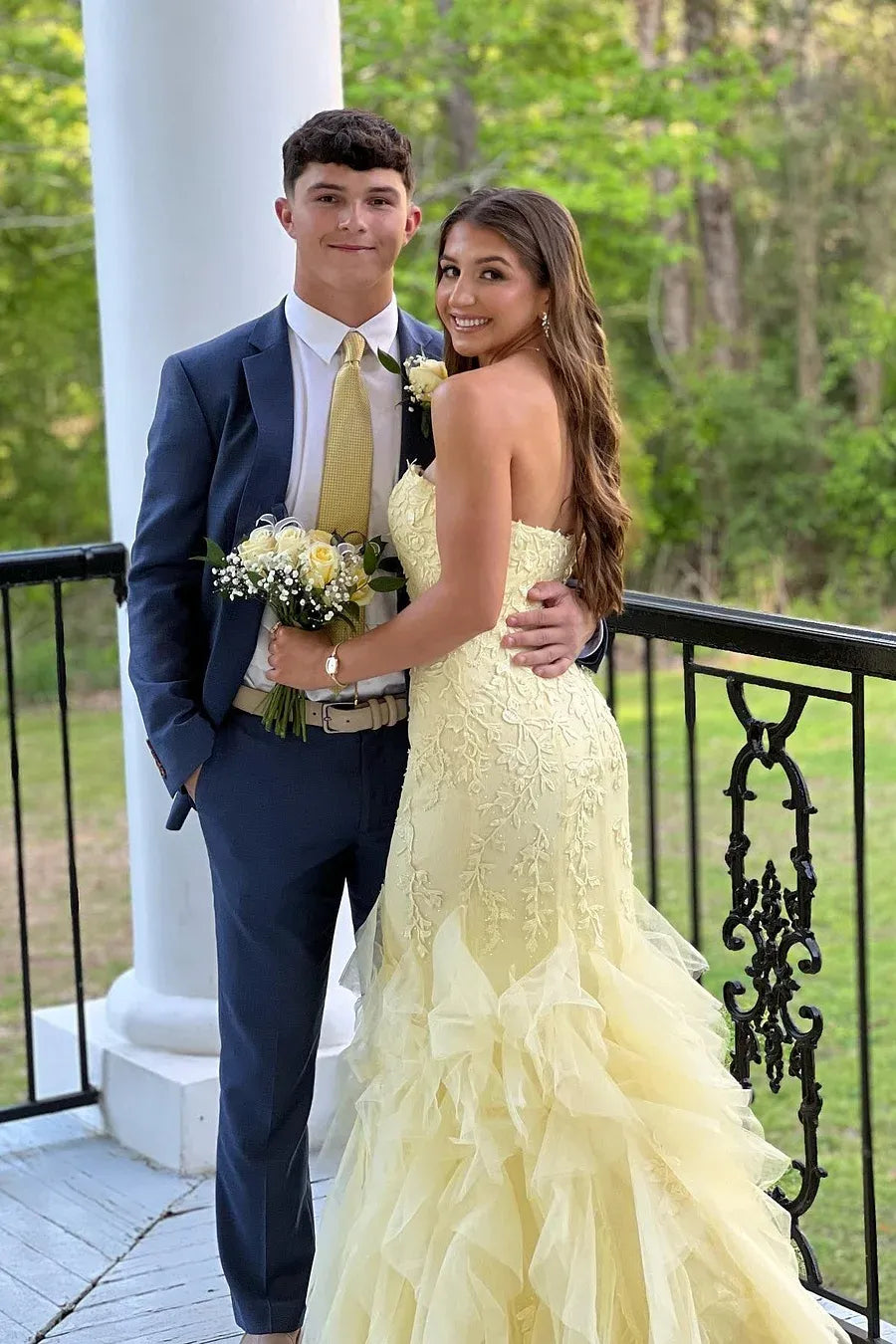 Yellow Mermaid Strapless Appliques Ruffles Long Prom Dress