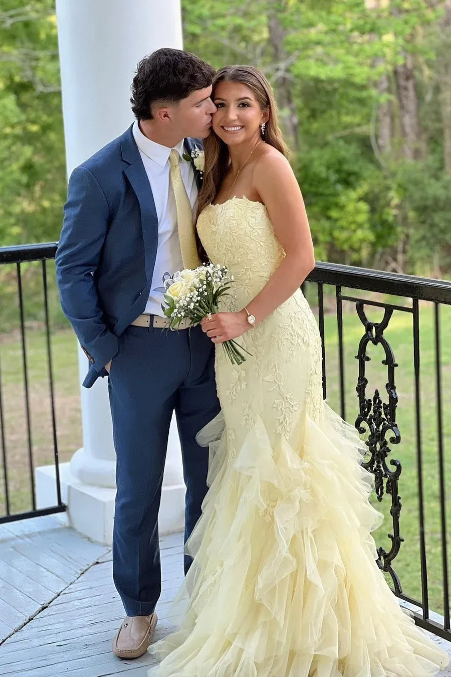 Yellow Mermaid Strapless Appliques Ruffles Long Prom Dress