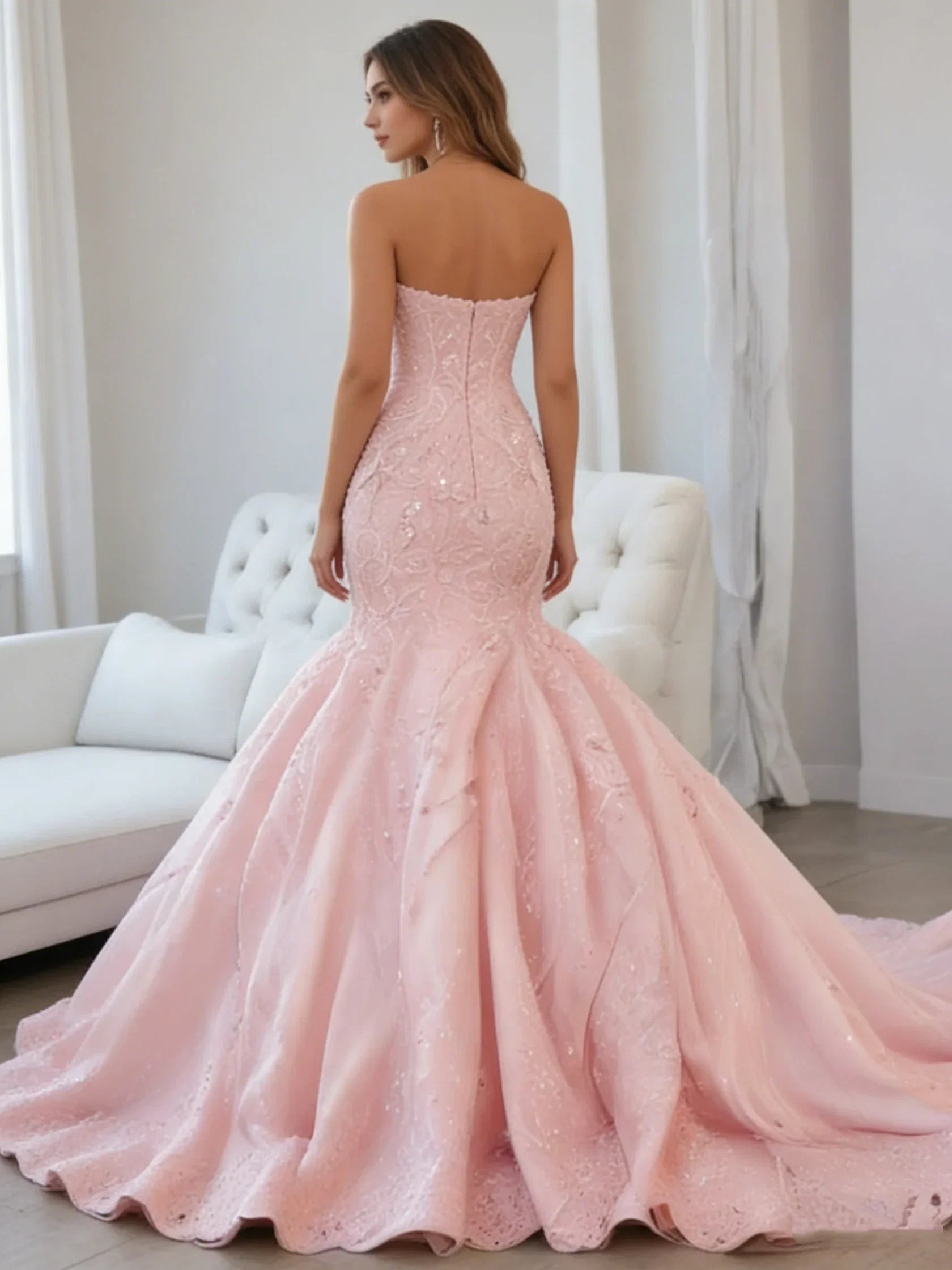 Blush Pink Mermaid Strapless Blush Maxi Prom Dress
