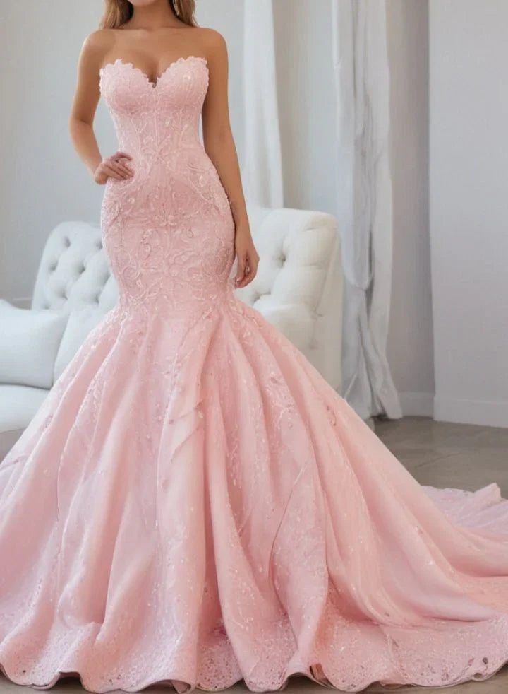 Blush Pink Mermaid Strapless Blush Maxi Prom Dress