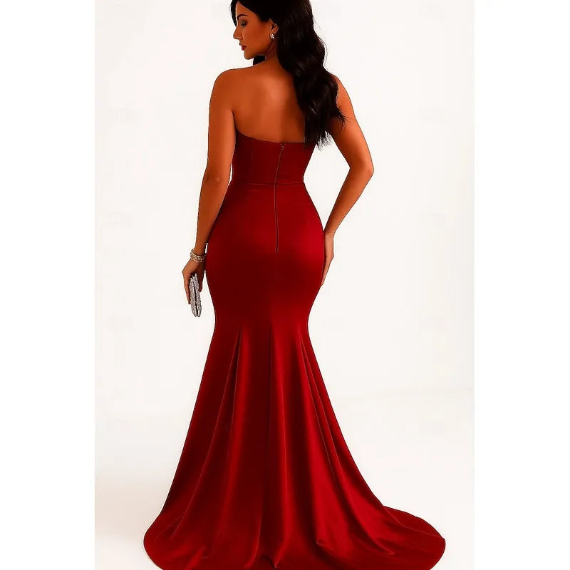 Burgundy Mermaid Strapless Ruched Draped Train Prom Dress