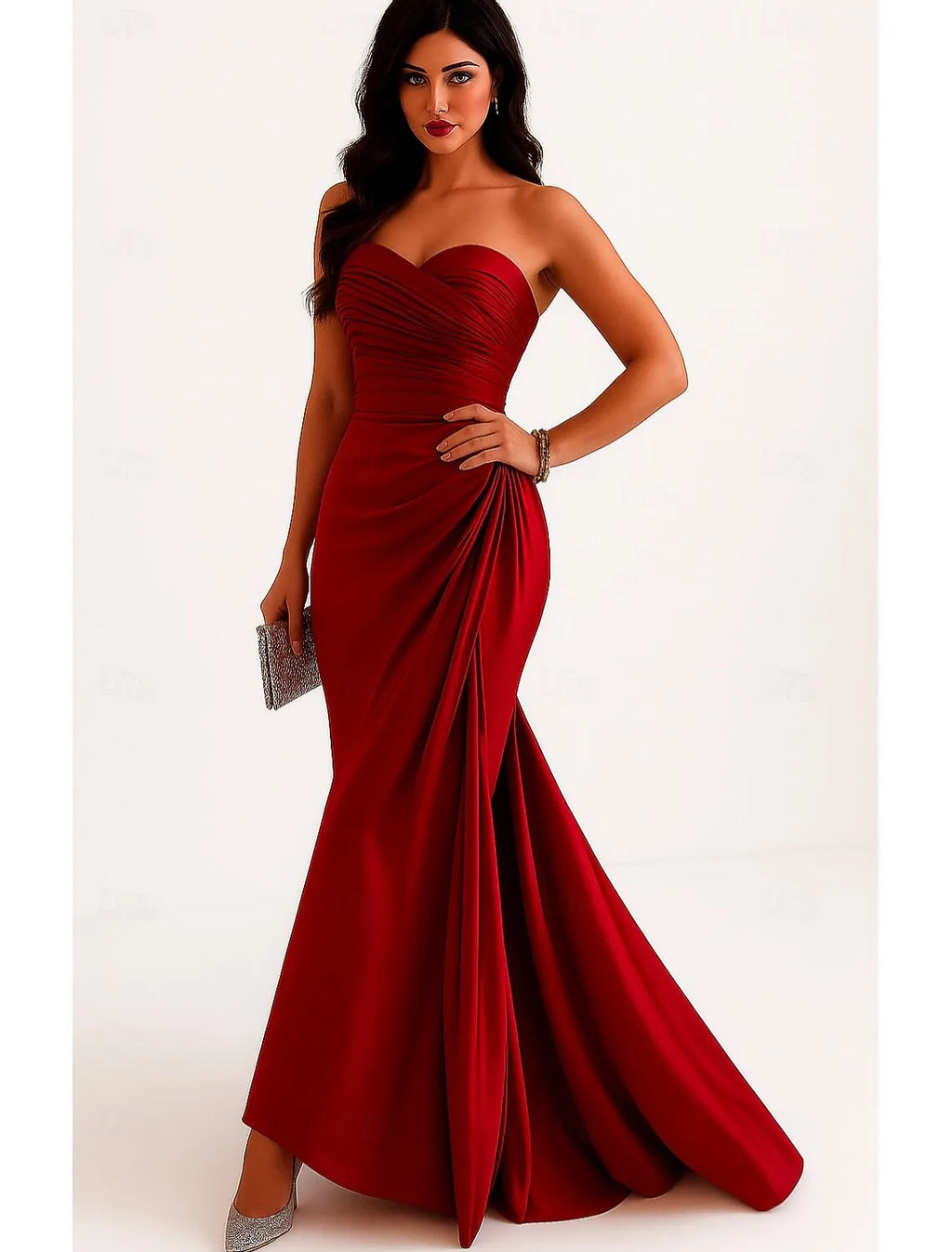 Burgundy Mermaid Strapless Ruched Draped Train Prom Dress