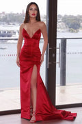 Red Mermaid Strapless Ruched Slit Train Prom Dress Custom