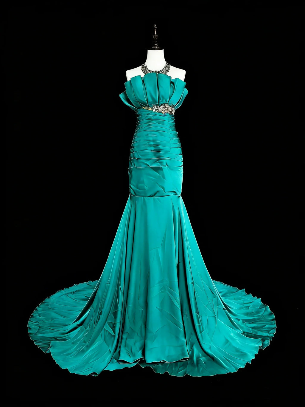 Teal Mermaid Strapless Ruched Maxi Prom Dress