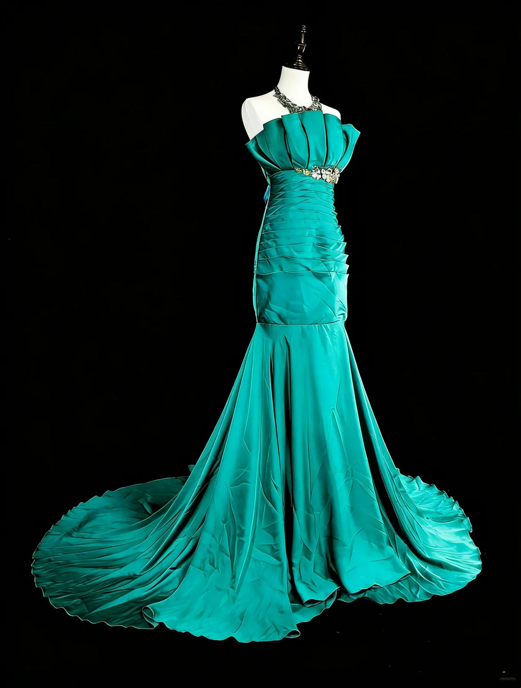 Teal Mermaid Strapless Ruched Maxi Prom Dress