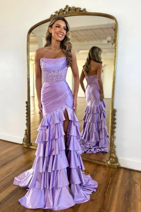 Lavender Mermaid Strapless Ruffle Maxi Party Dress
