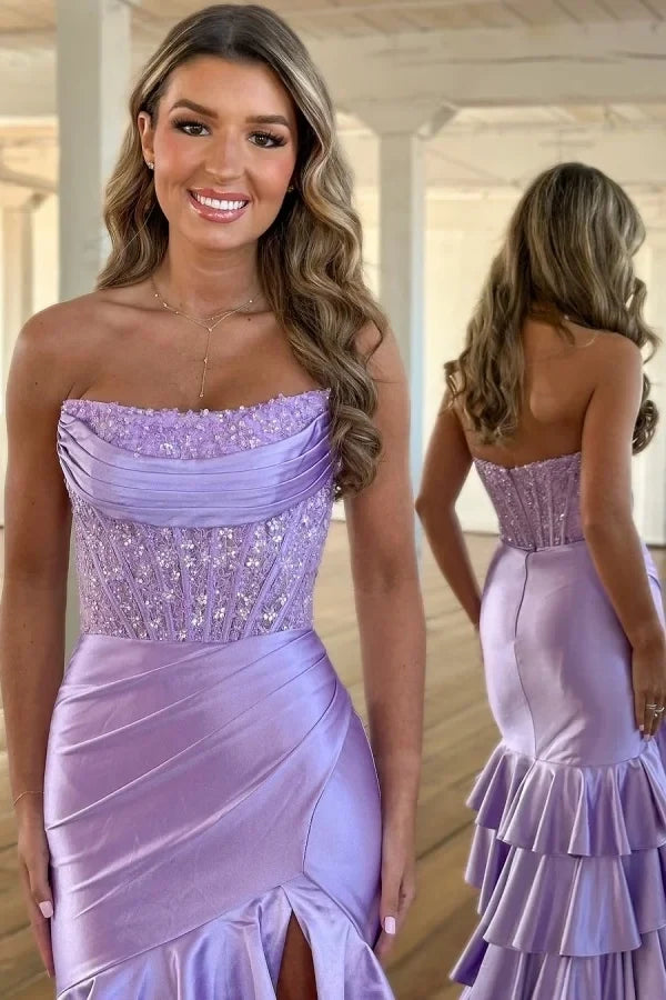 Lavender Mermaid Strapless Ruffle Maxi Party Dress