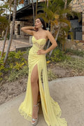 Yellow Mermaid Strapless Sheer Train Evening Dress