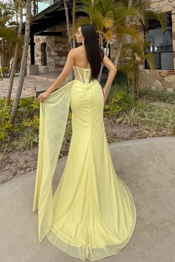 Yellow Mermaid Strapless Sheer Train Evening Dress