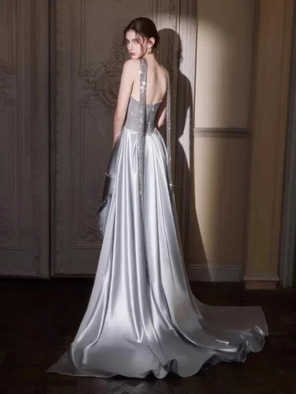Silver Mermaid Strapless Sleeveless Beaded Maxi Prom Dress