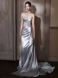 Silver Mermaid Strapless Sleeveless Beaded Maxi Prom Dress