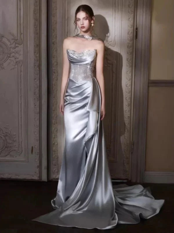 Silver Mermaid Strapless Sleeveless Beaded Maxi Prom Dress