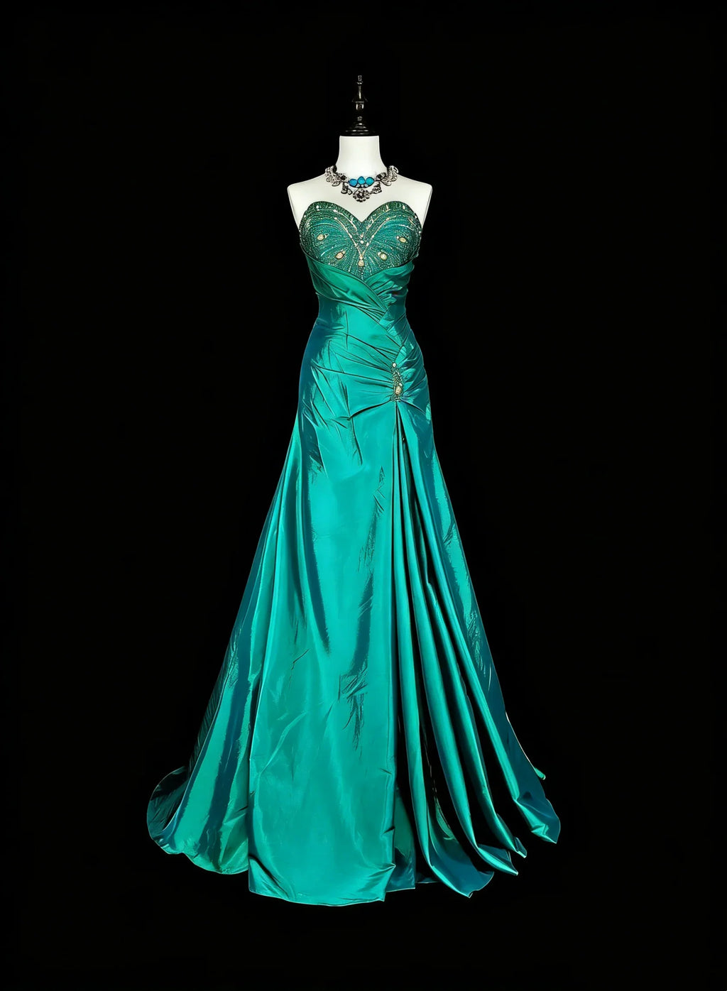 Teal Mermaid Strapless Sleeveless Beaded Maxi Prom Dress