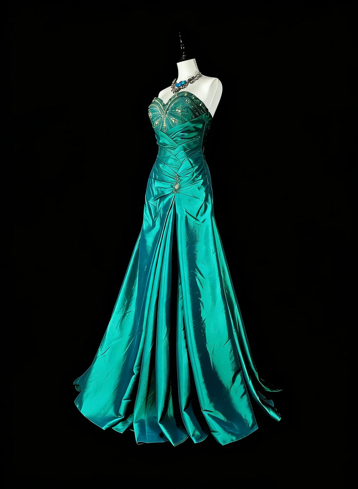 Teal Mermaid Strapless Sleeveless Beaded Maxi Prom Dress