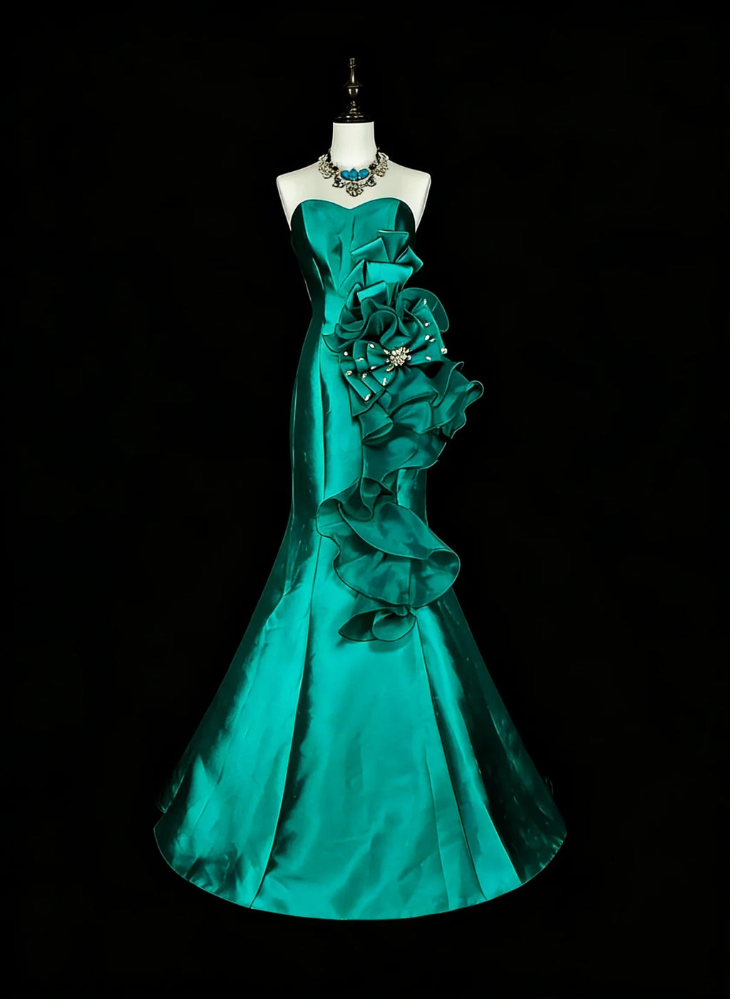 Teal Mermaid Strapless Sleeveless Ruffled Maxi Prom Dress