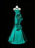 Teal Mermaid Strapless Sleeveless Ruffled Maxi Prom Dress