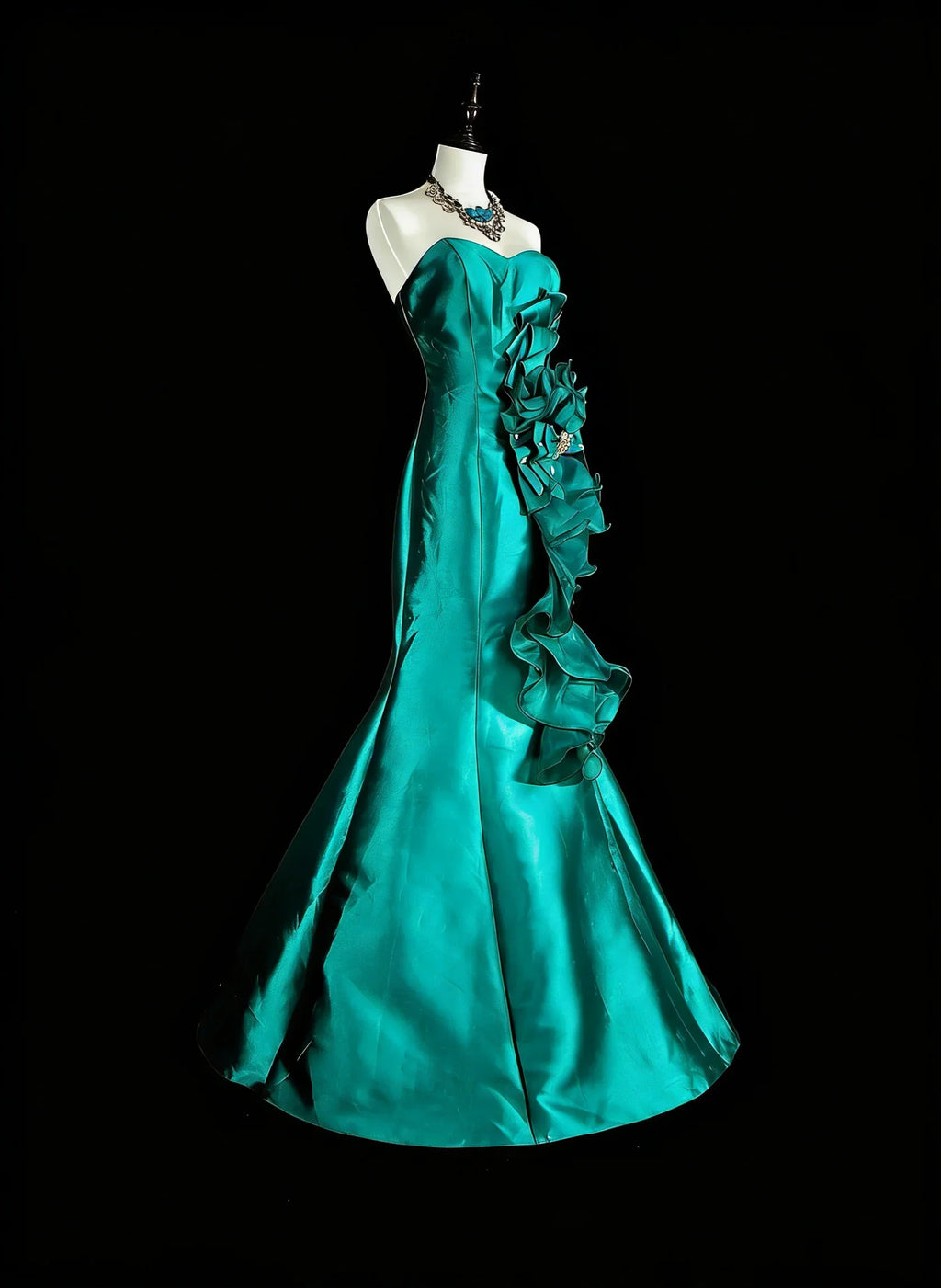 Teal Mermaid Strapless Sleeveless Ruffled Maxi Prom Dress