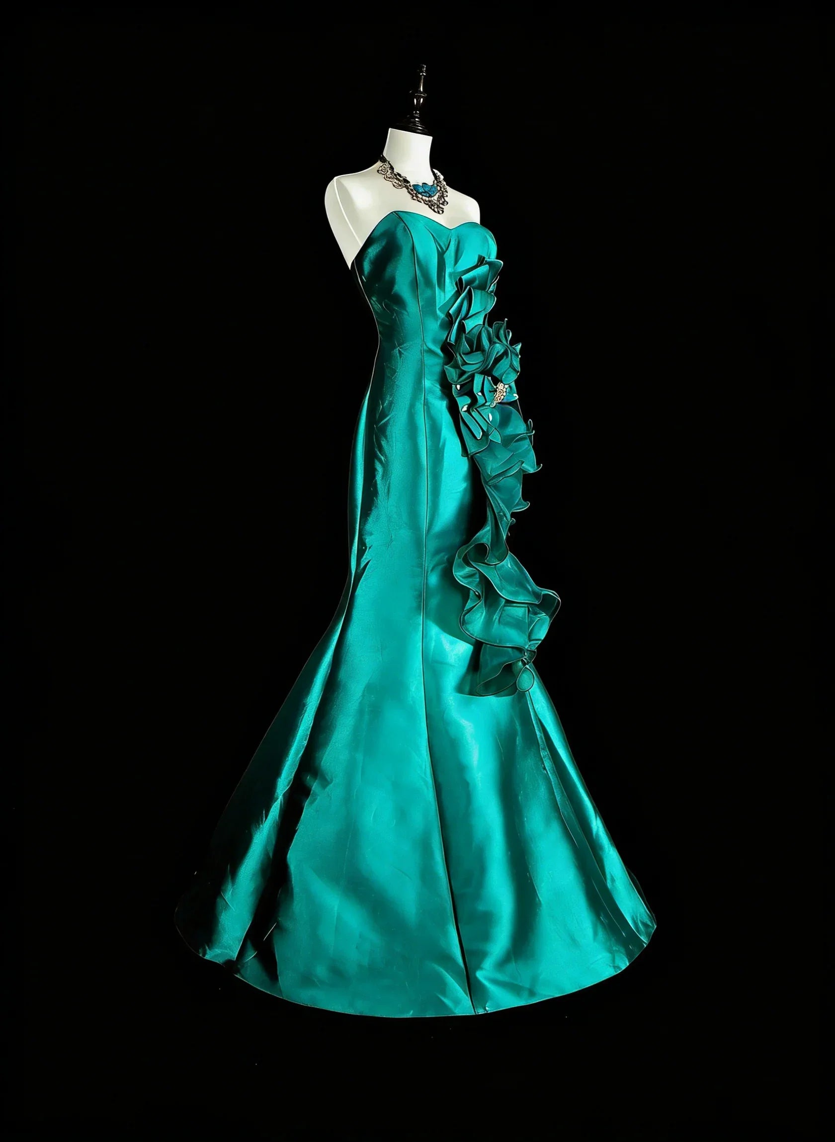 Teal Mermaid Strapless Sleeveless Ruffled Maxi Prom Dress