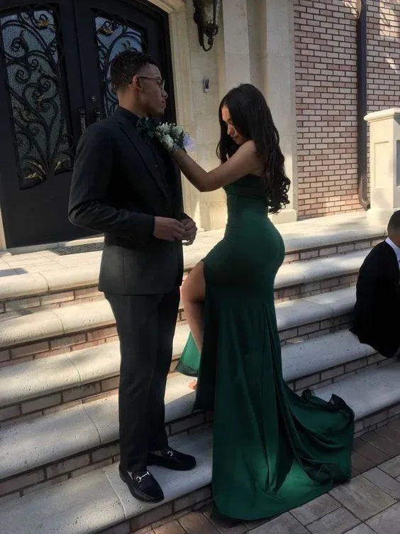Green Mermaid Strapless Split Emerald Train Evening Dress