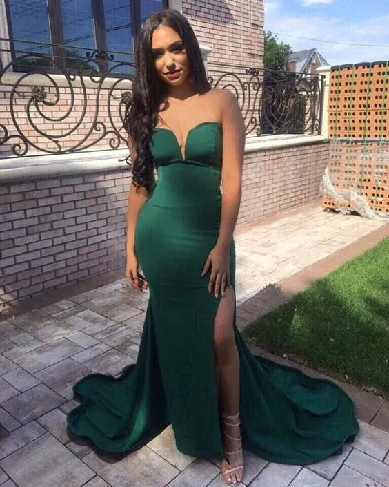 Green Mermaid Strapless Split Emerald Train Evening Dress