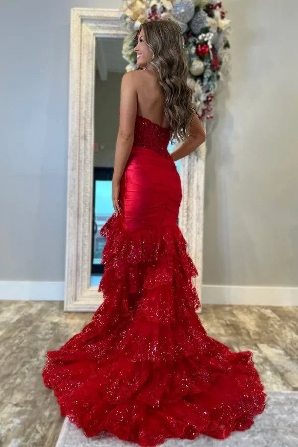 Red Mermaid Strapless Tie Red Floor-Length Party Dress