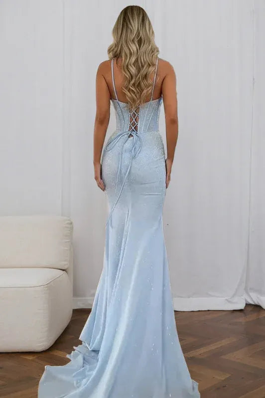 Sky Blue Mermaid Sweetheart Neck Sleeveless Glitter Sky Maxi Prom Dress