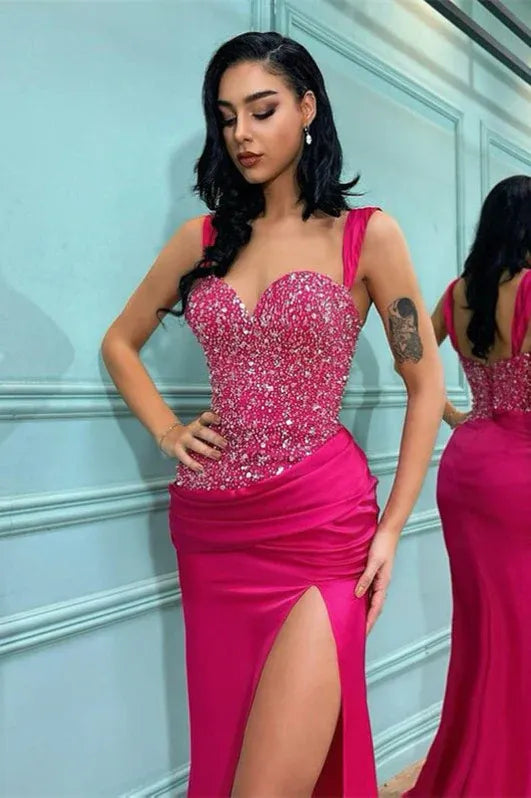 Mermaid Sweetheart Neck Wide Straps Beaded Ruched Fuchsia Floor Length Evening Dress