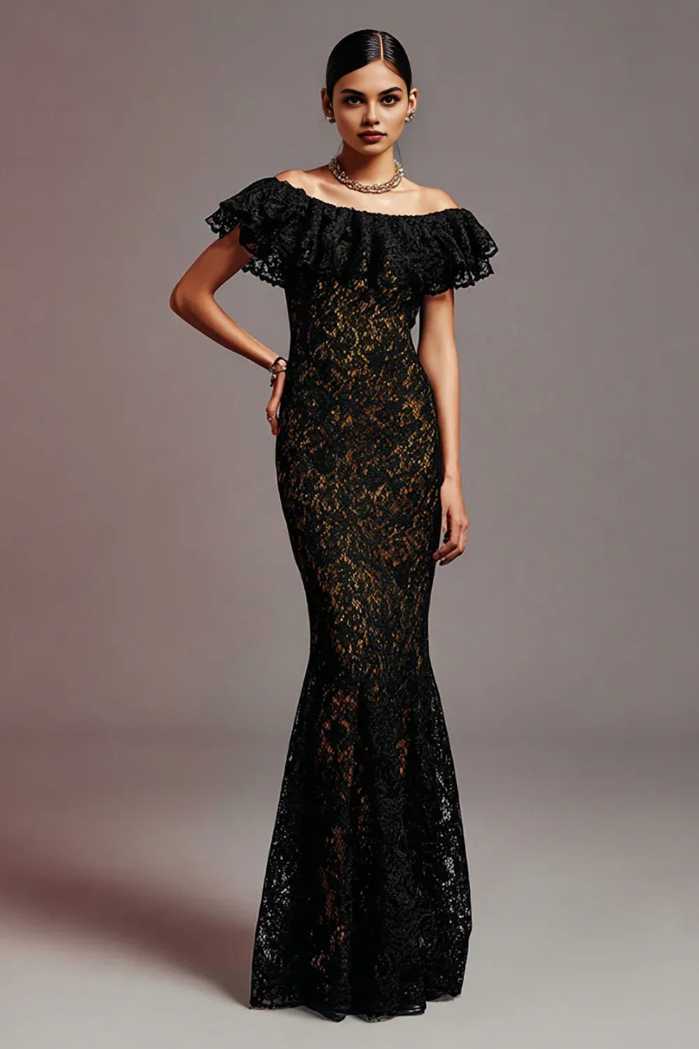 Special Occasion Sophisticated Graceful Stylish Elegant Gold Lace Mermaid Ruffle Floor-Length Prom Dress