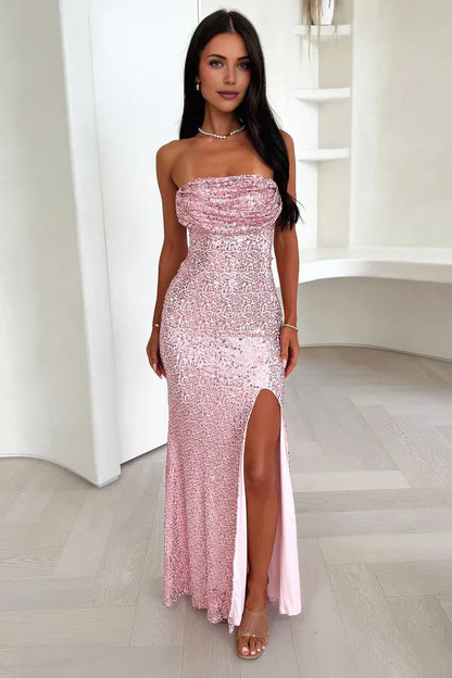 Special Occasion Sophisticated Elegant Navy Blue Sequins Mermaid Strapless Sleeveless Floor-Length Prom Dress