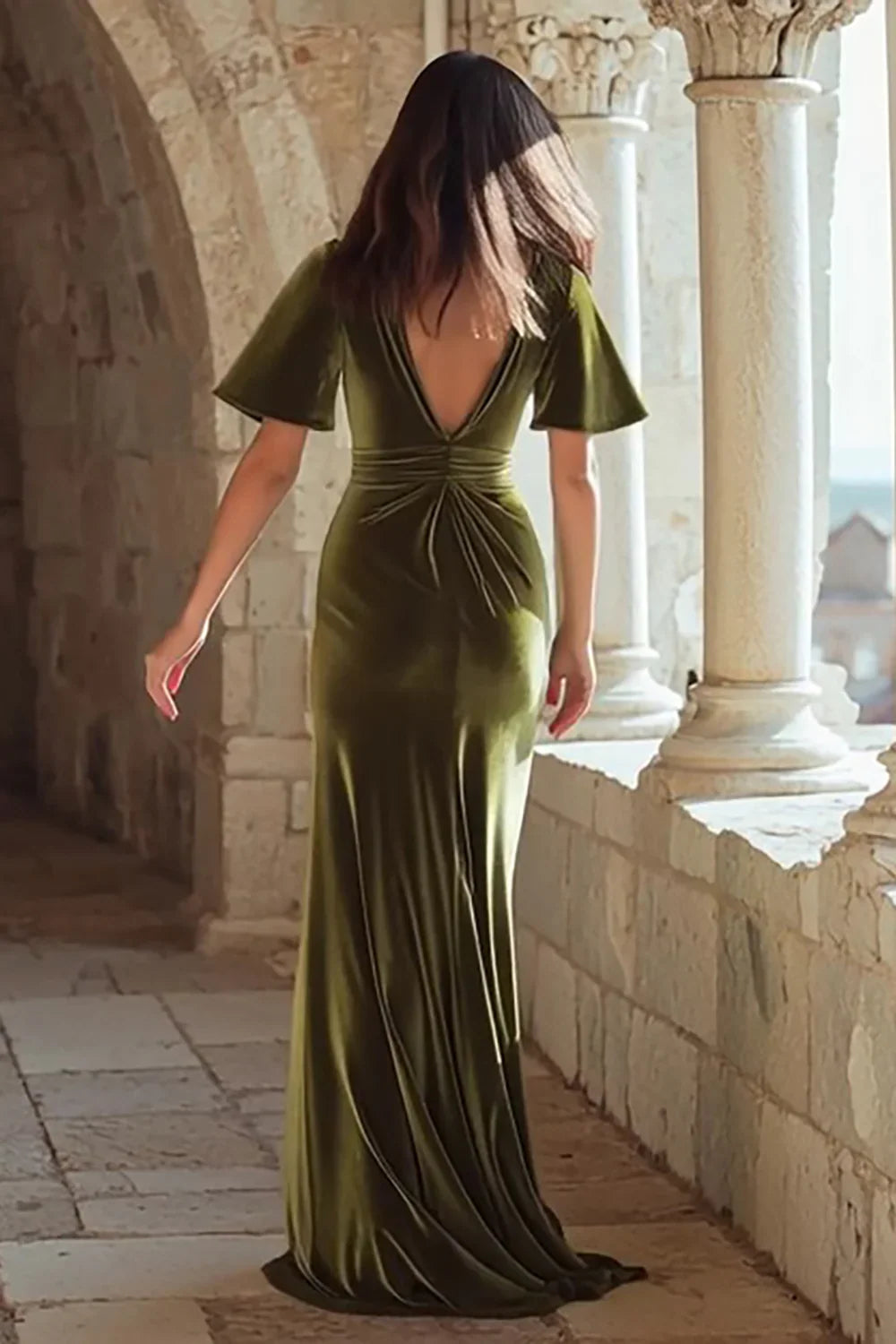 Beautiful Timeless Elegant Olive Green Velvet Mermaid Short Sleeve Short Prom Dress