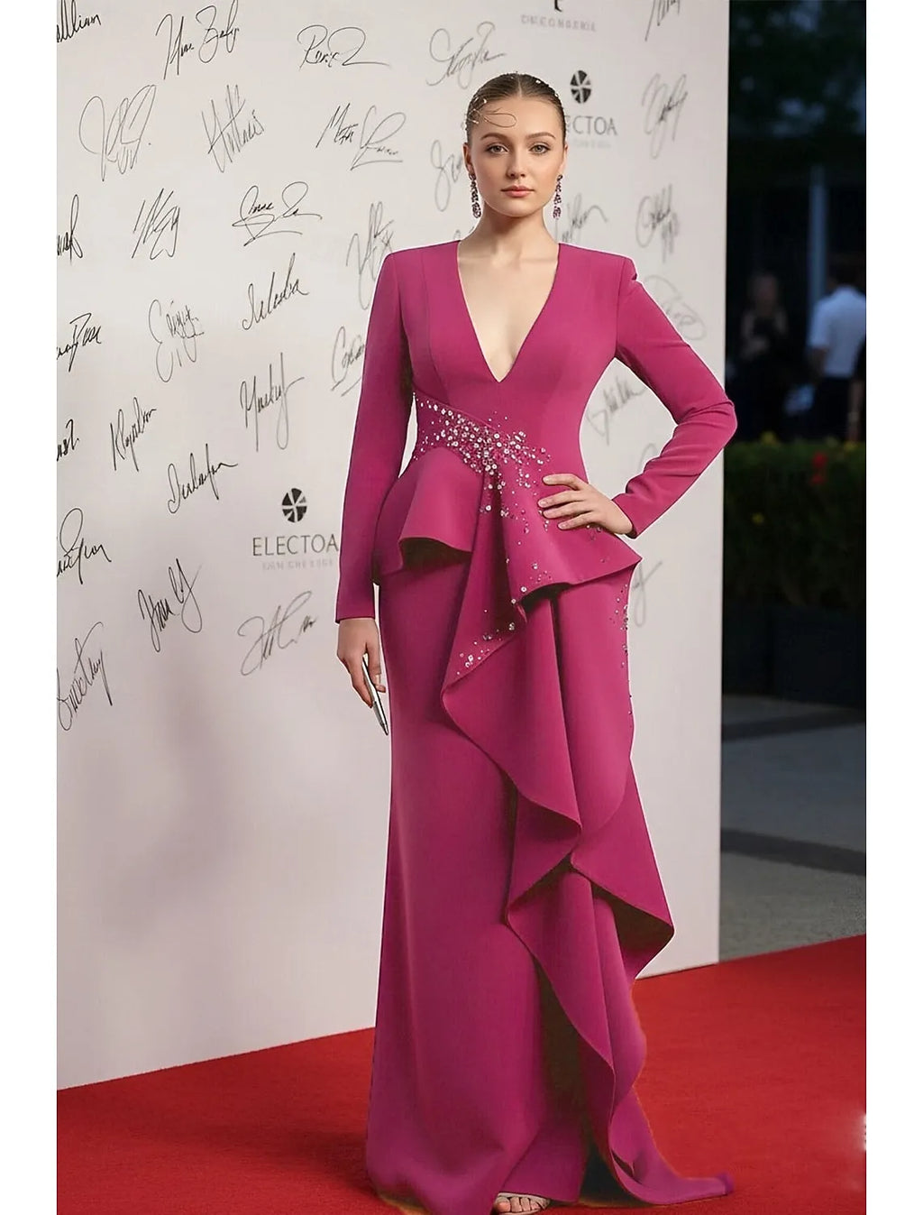 Mermaid V-Neck Long Sleeve Beaded Ruffle Fuchsia Evening Dress