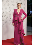 Mermaid V-Neck Long Sleeve Beaded Ruffle Fuchsia Evening Dress