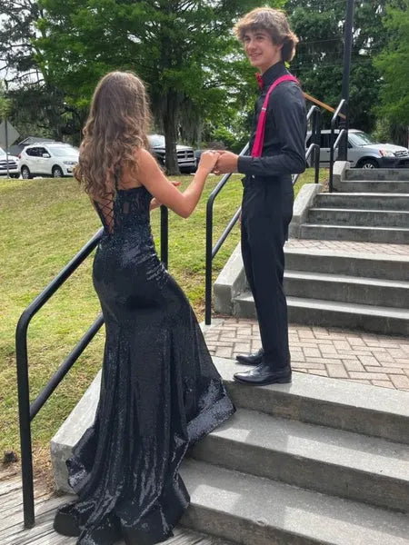 Black Mermaid V-Neck Applique Lace-Up Prom Dress With Train