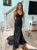 Black Mermaid V-Neck Applique Lace-Up Prom Dress With Train