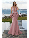 Mermaid V-Neck Bow Dusty Rose Prom Dress With Train