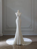 White Mermaid V-Neck Cap-Sleeved Lace-Appliqué Wedding Dresses