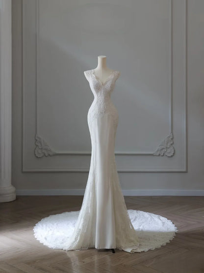Glamorous White Applique Mermaid V-Neck Cap-Sleeve Classic-Back Floor-Length Wedding Dress