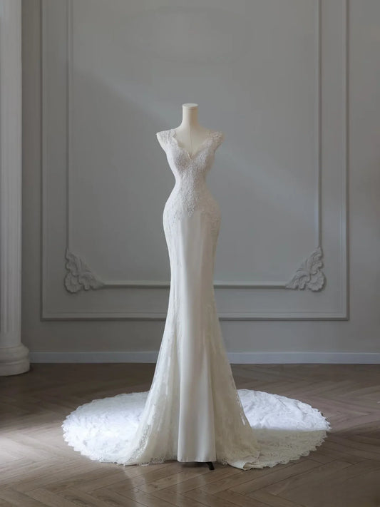 Glamorous White Applique Mermaid V-Neck Cap-Sleeve Classic-Back Floor-Length Wedding Dress