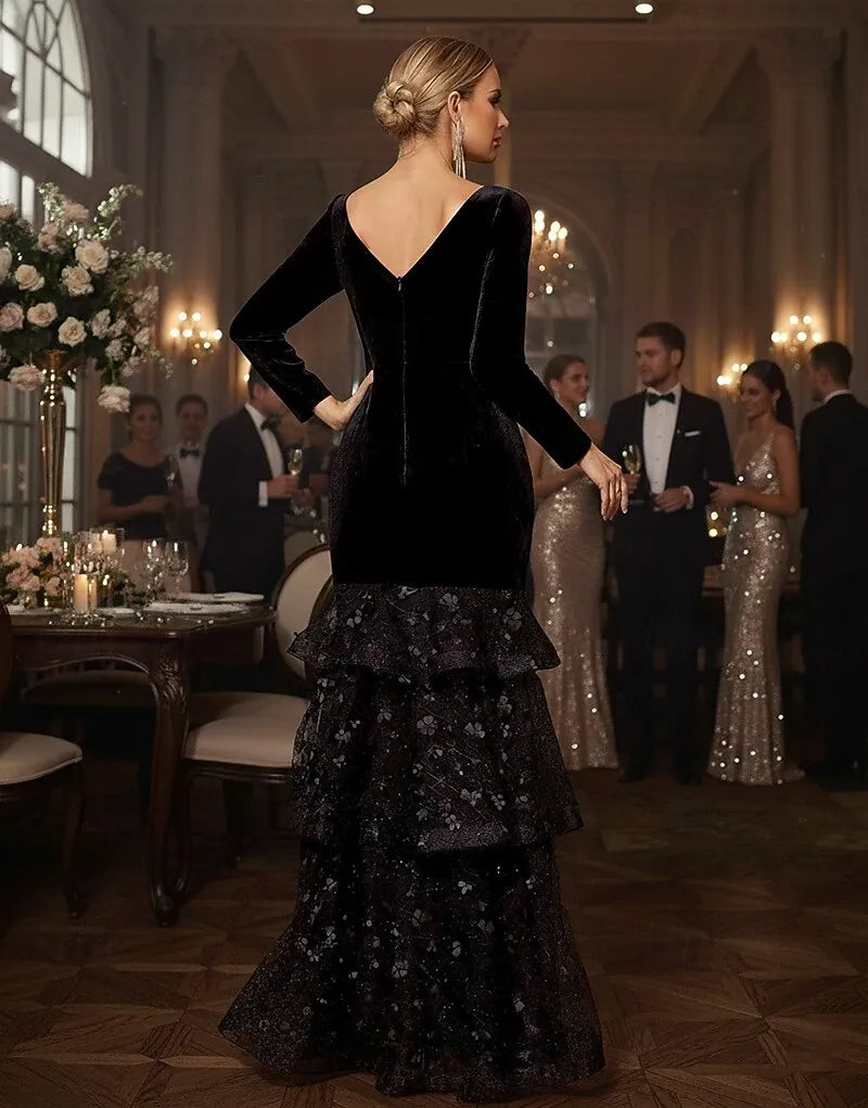 Black Mermaid V-Neck Long Sleeve Floral Tiered Ruffle Evening Dress